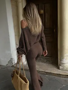 Women's Solid Asymmetrical Neck Top & Flare Leg Pants Set, Casual Drop Shoulder Long Sleeve Top & Trousers, Women's Fall & Winter Clothes for Everyday Wear, Casual Loungewear Set