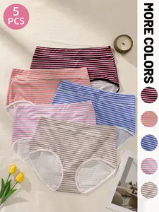 Women's Plus Size Striped Print Casual Everyday Underwear Set, Mid-Waist Elastic Breathable Butt Lifting, Comfortable Seamless Panties, Soft Fit Panty, Casual Comfy Panty, 5 Pcs