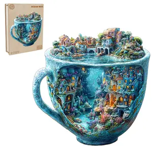 Ocean Mug Puzzle Beautiful Wooden Box, Wooden Jigsaw Puzzles Unique Shape, Birthday Creative Gifts for Adults and Kids Family Game