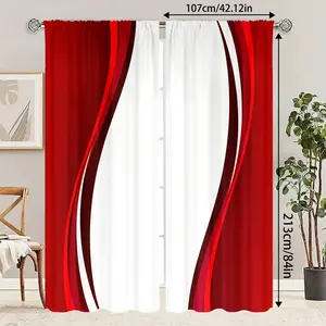 2-piece set of modern red and white wave printed translucent curtains, made of polyester material, suitable for bedrooms, living rooms, kitchens, durable design