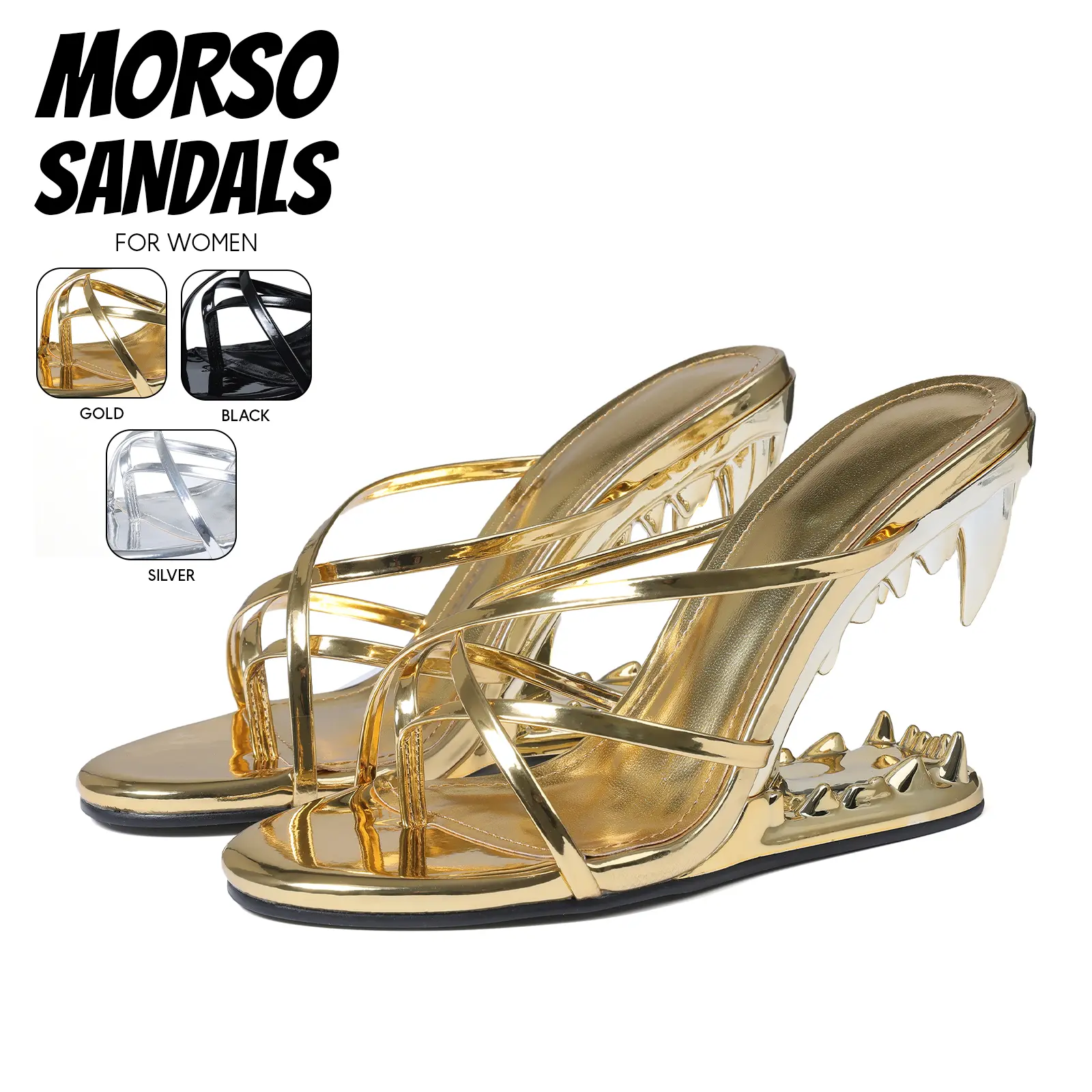 Morso Sandals for Women Tiger Tooth Heel T Strap Heeled Sandals Round Toe Slip On Fashion Mules Trendy Statement Heels Elegant Party Wedding Bride Date Work Casual Shoes