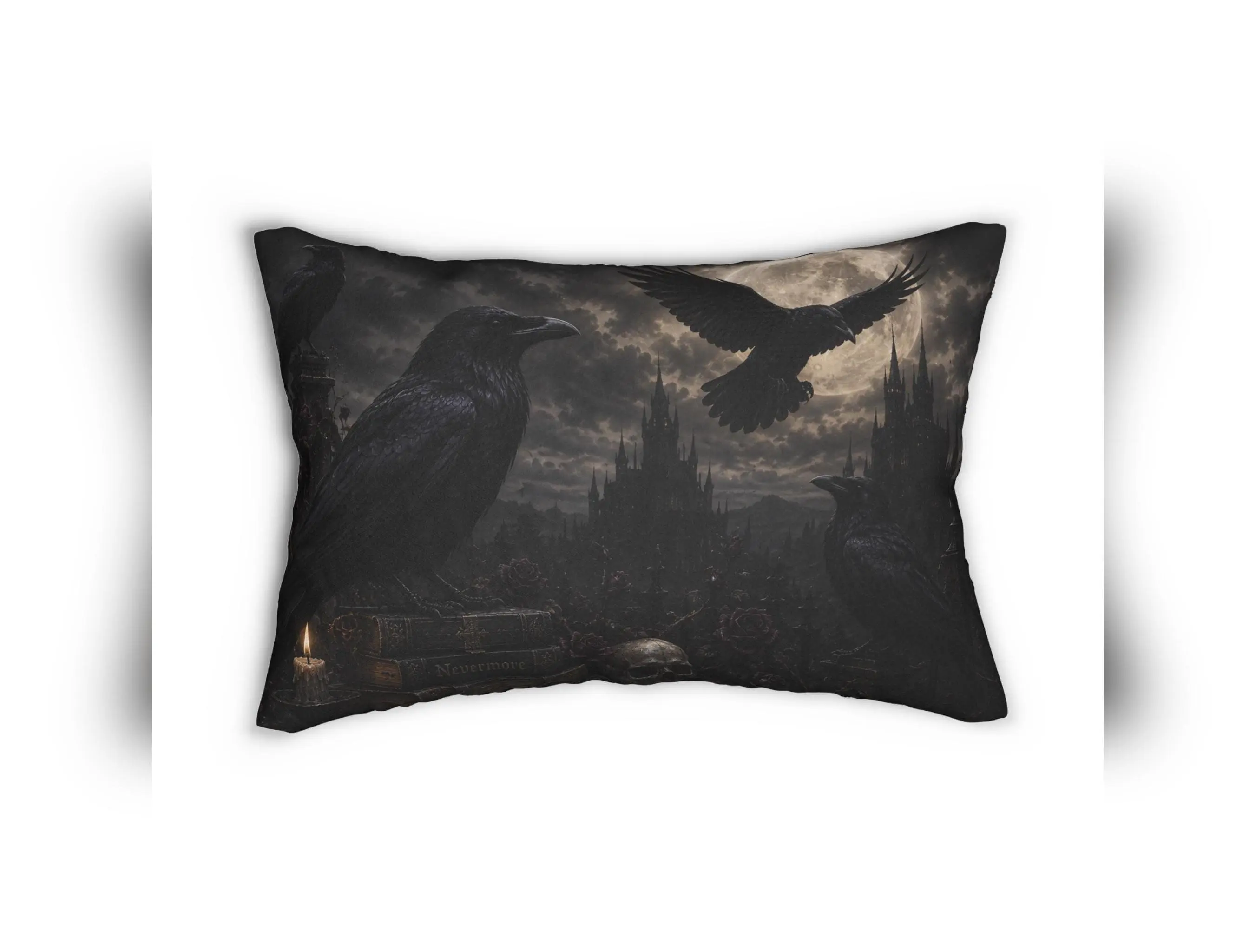 Gothic Raven Nightscape lumbar pillow | Dark Castle Crow Scene