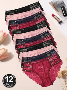 Women's Breathable Soft Lace Triangle Panties 12 Pack, Underwear, Silk Touch Seamless Crotch Design Full Coverage, Daily Date Wear, Multi-Color Options