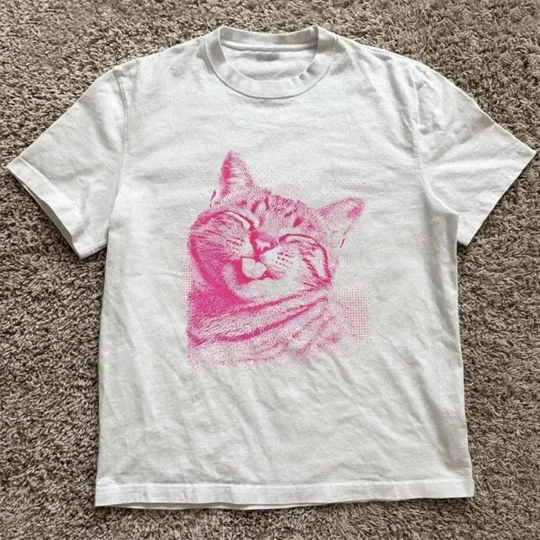 White Pink Print Tee - Cat Halftone Vintage Shirt