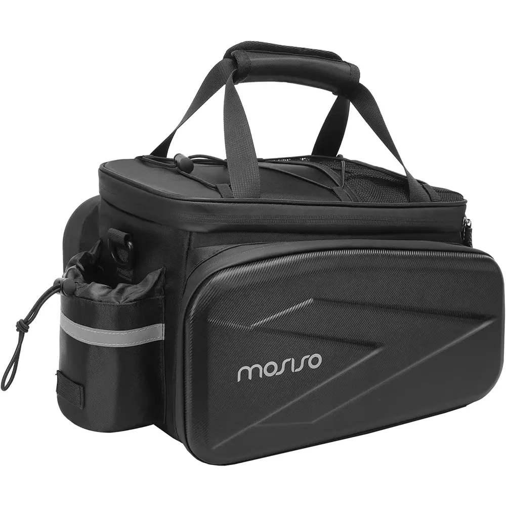 MOSISO Bike Rear Seat Rack Bag - 8L Insulated Trunk Cooler with 2 Side EVA Pockets, Foldable Side Panniers, 4 Hook-and-Loop Fastener Straps, Carry Handle, Adjustable Shoulder Strap, 16L Expandable Commuting Cycling Cargo Storage Pouch, Hook & Loop