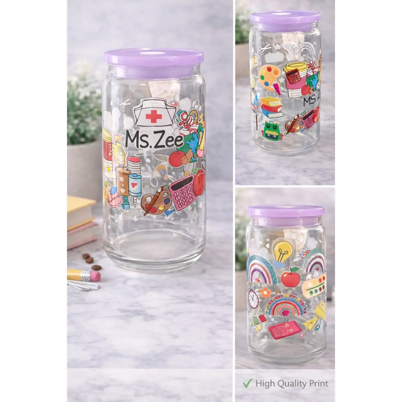 Personalized Teacher Glass Can Cup – 16oz Custom Name Tumbler | Cute School Aesthetic Coffee Cup | Back to School Teacher Gift | Bamboo Lid & Straw