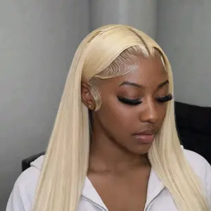 Blonde Silky-Straight Human Hair Wig, 200% Density. Available in 13x4 and 13x6 Transparent Lace Extra-Wide Lace Frontal for Versatile Styling. adjustable straps for glueless fit.