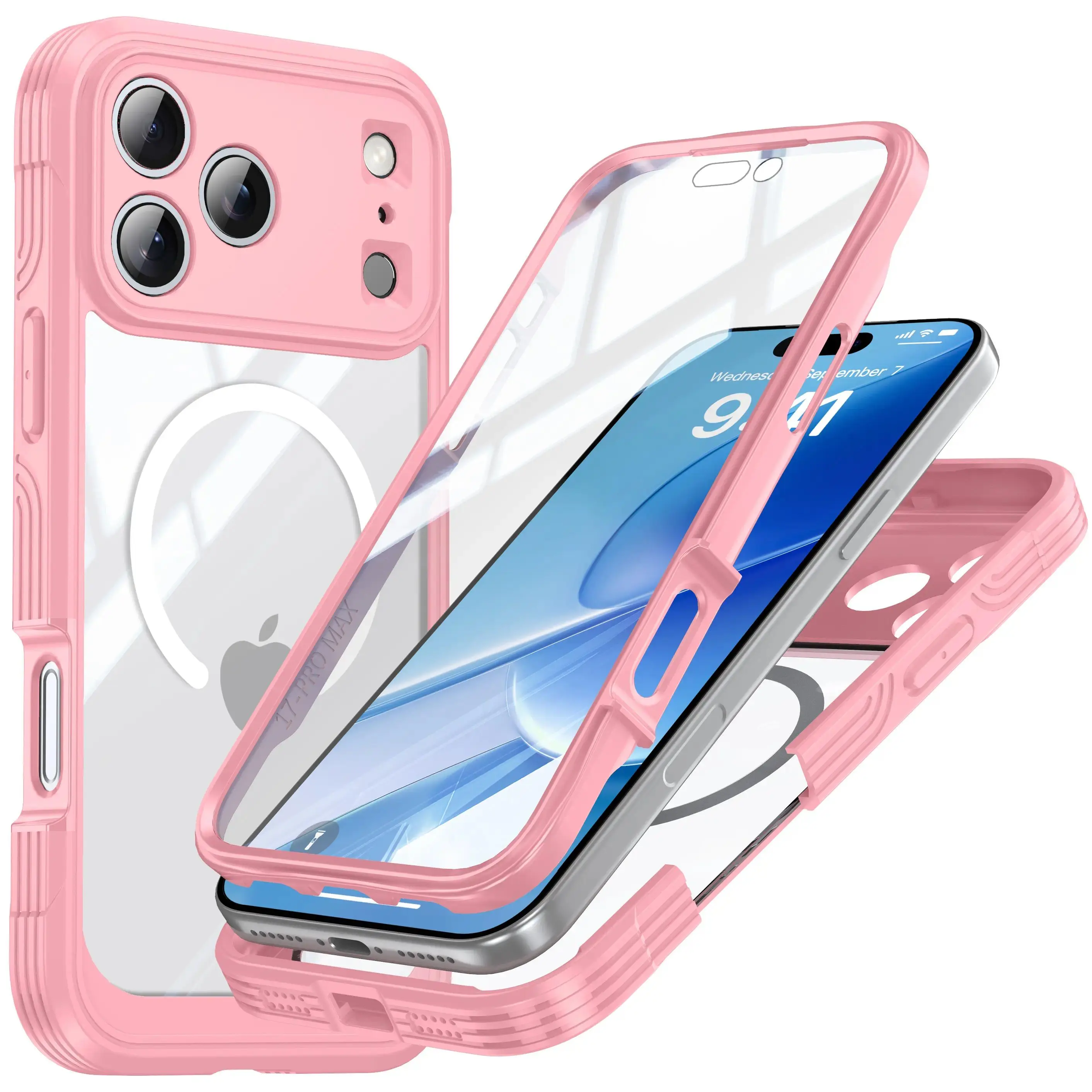 StarTU 360° Full Body Rugged Clear Case for iPhone 17 Pro Max / 16 / 15 – MagSafe Compatible Military Shockproof Cover, Built-in Screen Protector & Camera Lens Protection, Transparent TPU Bumper Case