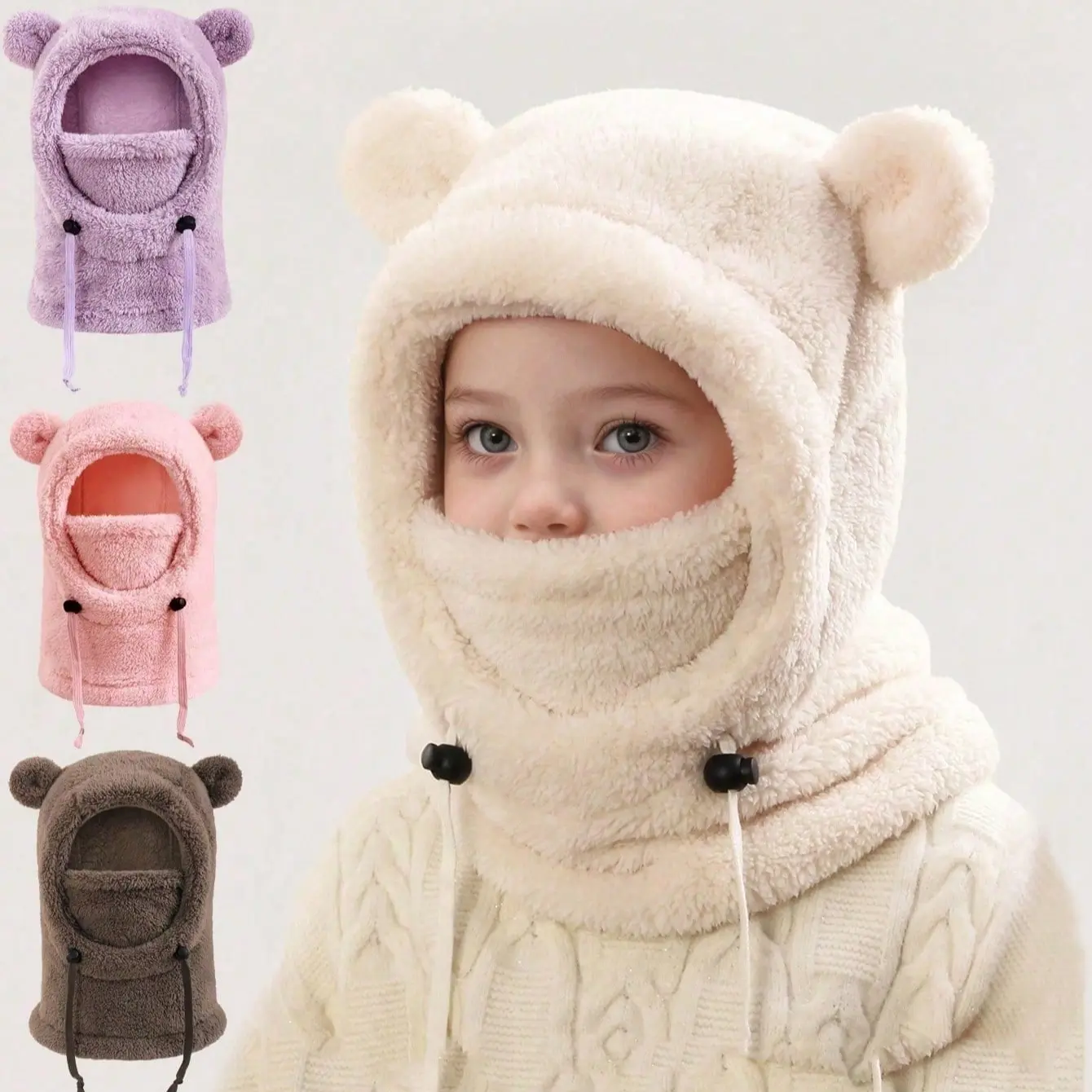 Autumn/Winter Kids Hooded Hat with Cute Bear Ears, Fleece-Lined Scarf and Mask, Unisex Children Outdoor Windproof Animal Headwear, Hooded Bonnet, Balaclava Hat with Accessories, Animal Hats