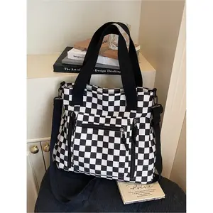 Large Capacity Women's Tote Bag, Colorblock Plaid Design, Simple Commuter Shoulder Bag, Multi-Pocket, Checked Pattern Tote, Versatile and Stylish