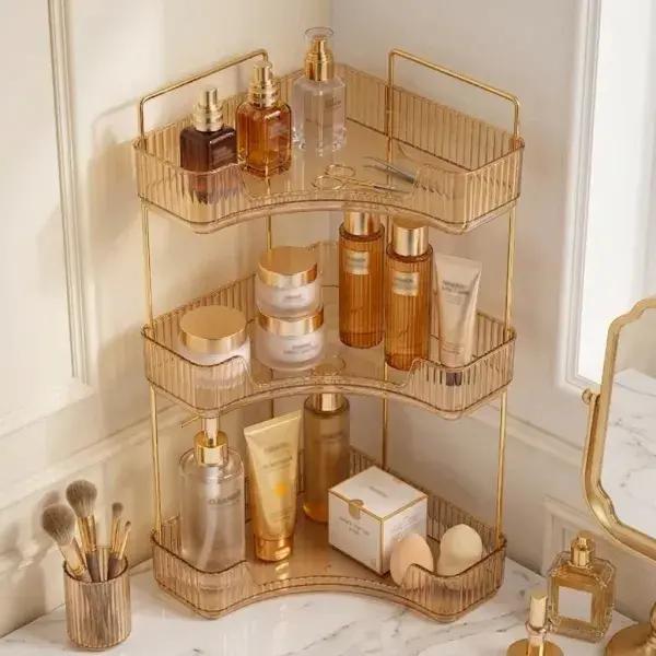 A space-saving 2/3 floor vanity corner organizer, a luxurious gold cosmetic storage rack, multi-level bathroom countertop storage, suitable for lotions, creams and other makeup tools. multi-layer beauty holder lipstick supply brush compact wristwatch