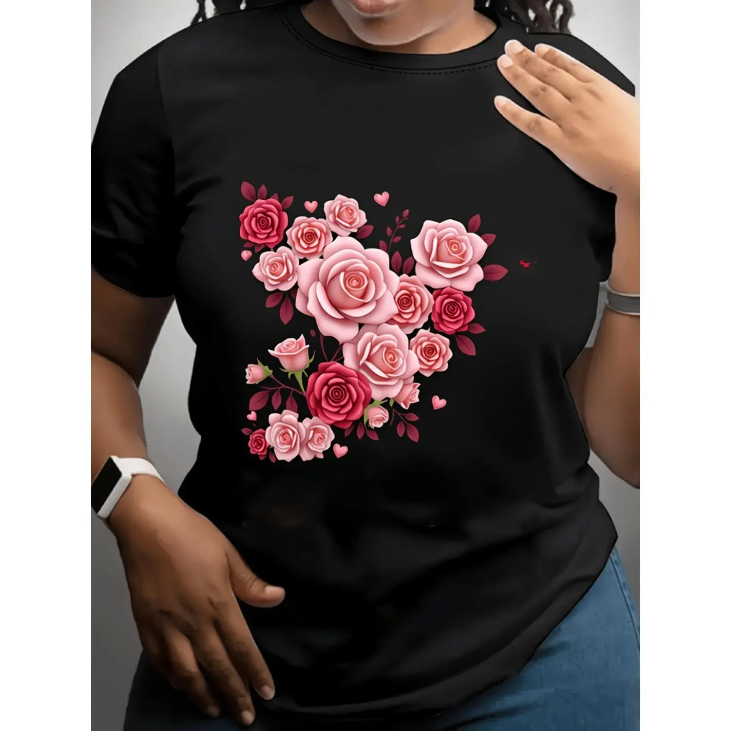 Unisex Black Floral Print T-Shirt for Both Men And Women Featuring a Pink Rose And Heart Design - Made from Soft 180Gsm Fabric with a Loose Fit, Crew Neck, And Short Sleeves