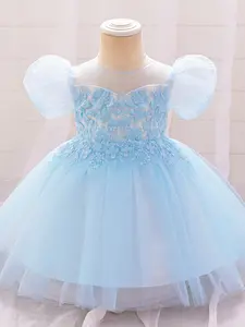 Baby Girl Clothes Infant Christening Cocktail Toddler Baptism Pageant Birthday Party Embroidery Mesh Puff Sleeve Ball Gown Princess Dress for all Season 6 Months to 3 Years Baby Clothing
