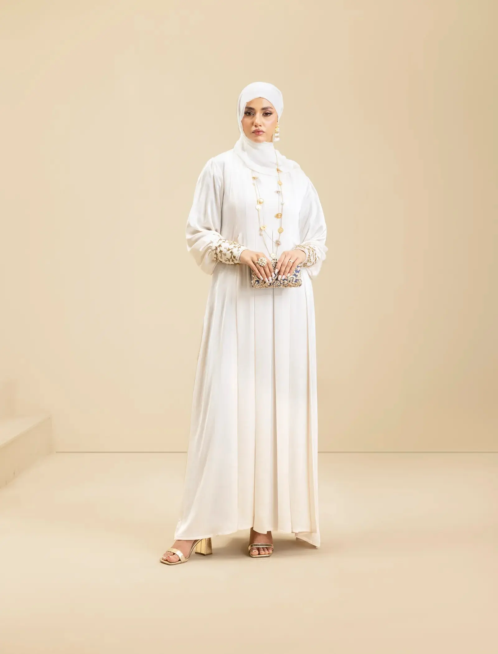 Women's Islamic Modest Fashion Hand-Crafted Pure Pearl Abaya - White