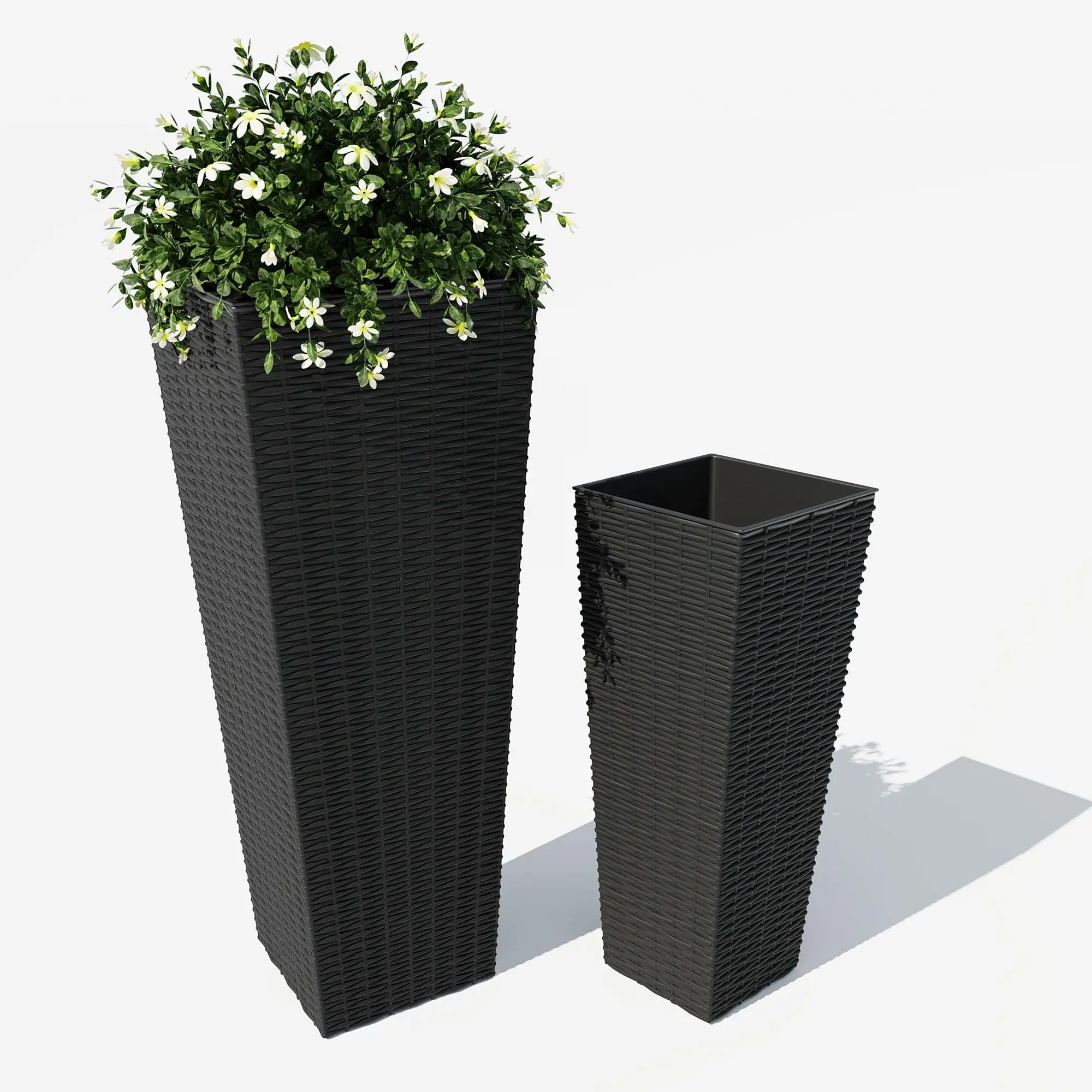 Garvee 2-Pack Large All-Weather Planters with Drainage Holes & Removable Baskets, Indoor-Outdoor Tall Pots for Trees Flowers (24in, 32in, Black)