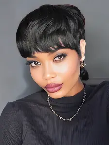 Short Wigs Human Hair Pixie Cut With Bangs Human Hair Wig Machine Made For Women Natural Color Brown 99J Halloween