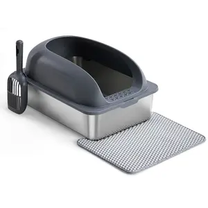 Dark Gray Extra Large Stainless Steel Litter Box with Lid Odor-Free Design High Walls Non-Slip Mat Easy to Clean for Big Cats #CatParents #HomeEssentials