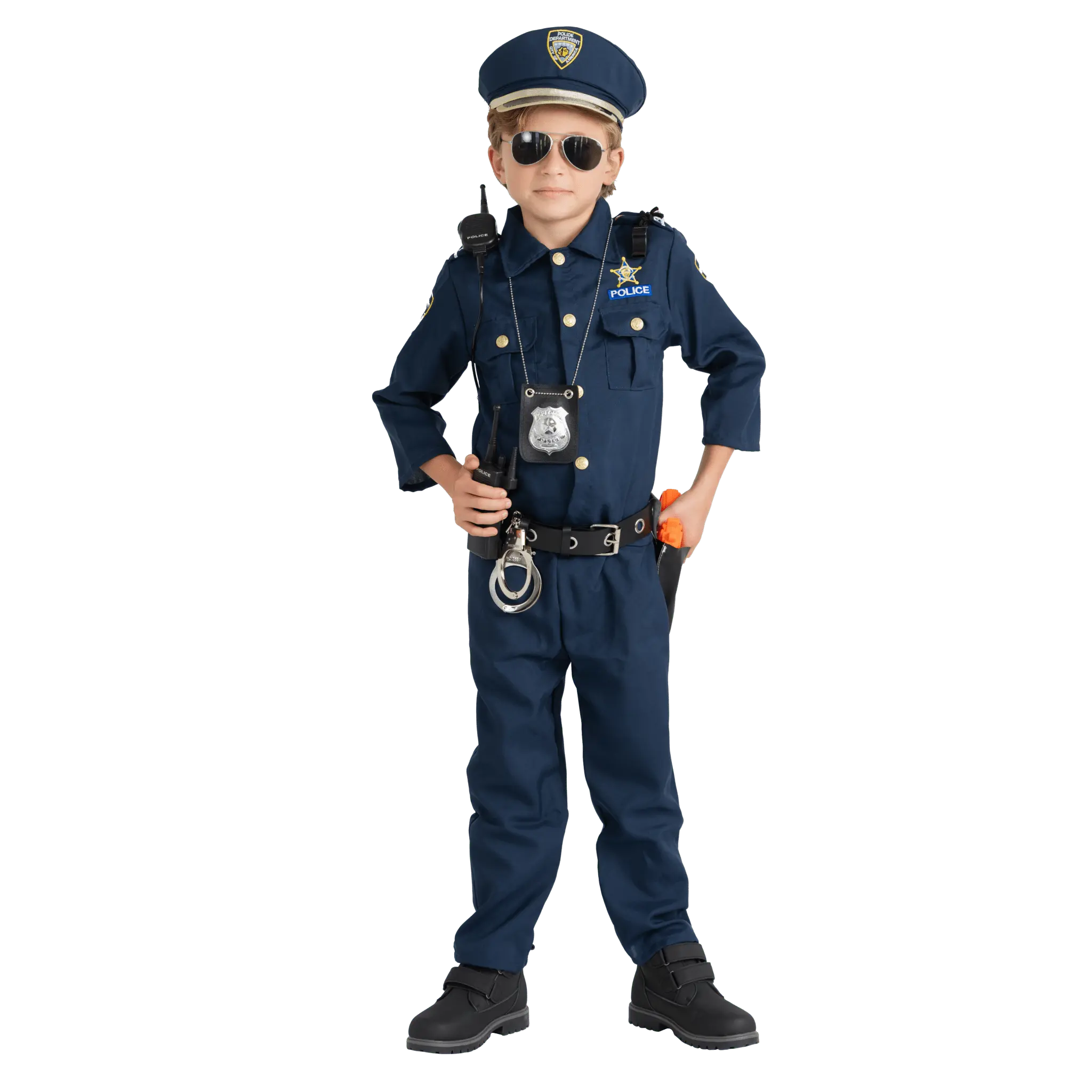 Police Officer Costume Set For Kids - Navy Blue Cop Uniform with Shirt, Pants, Hat, Belt, Whistle, Holster & Walkie Talkie – Perfect for Halloween, School Play & Patriotic Festival - Cosplay Costume