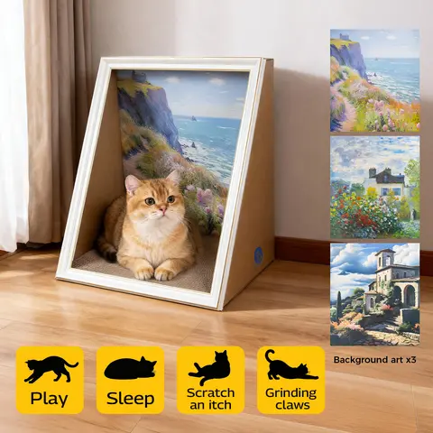 TXFNY Classic Artistic Cat Scratcher House - Decorative Oil Painting Frame, 3 Background Paintings, Cozy Cave Bed, Home Decor, Modern Indoor Pet Furniture