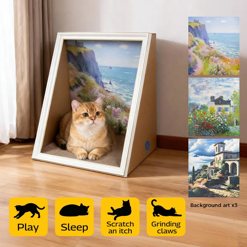 TXFNY Classic Artistic Cat Scratcher House - Decorative Oil Painting Frame, 3 Background Paintings, Cozy Cave Bed, Home Decor, Modern Indoor Pet Furniture