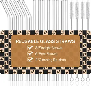 18-Pack Glass Straws, Reusable Clear Glass Drinking Straws Set, 8.5 Inch X 10Mm - Includes 8 Straight and 6 Bent with 4 Straw Cleaner Brush, Perfect for Smoothies, Milkshakes, Juice, Tea KALLAX