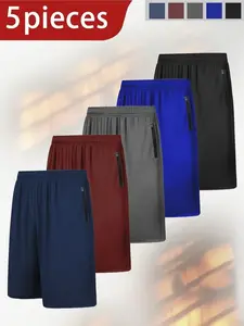 5 men's solid colour quick-drying shorts, casual, slightly elasticated waist drawstring shorts with pockets and zip fastening, suitable for summer at home, in the gym, outdoors for leisure workouts and training.