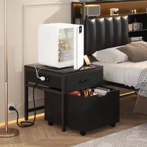 Mini Fridge Stand with Drawer Storage and Sockets and Drawers , Heavy Duty Small Refrigerator Stand Cart for Dorm, Apartment, Office, Bedroom
