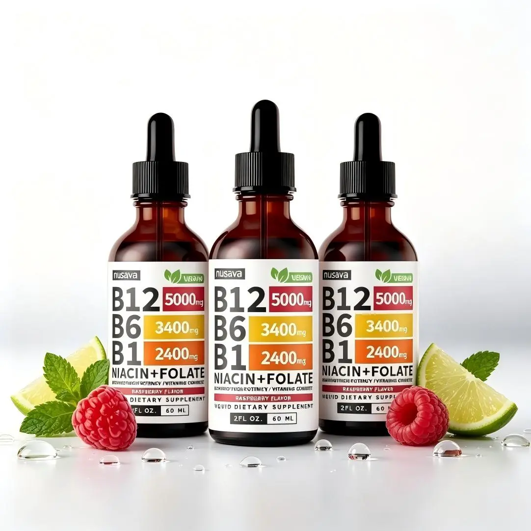 3 Piece Vitamin B12 5000mcg + B6 Liquid Drops Methylcobalamin & B-complex Sublingual for Instant Energy Boost Brain & Heart Health Support Natural Raspberry Flavor 60ml Bottle Vegan Dietary Supplement Healthcare Fitness Optimum