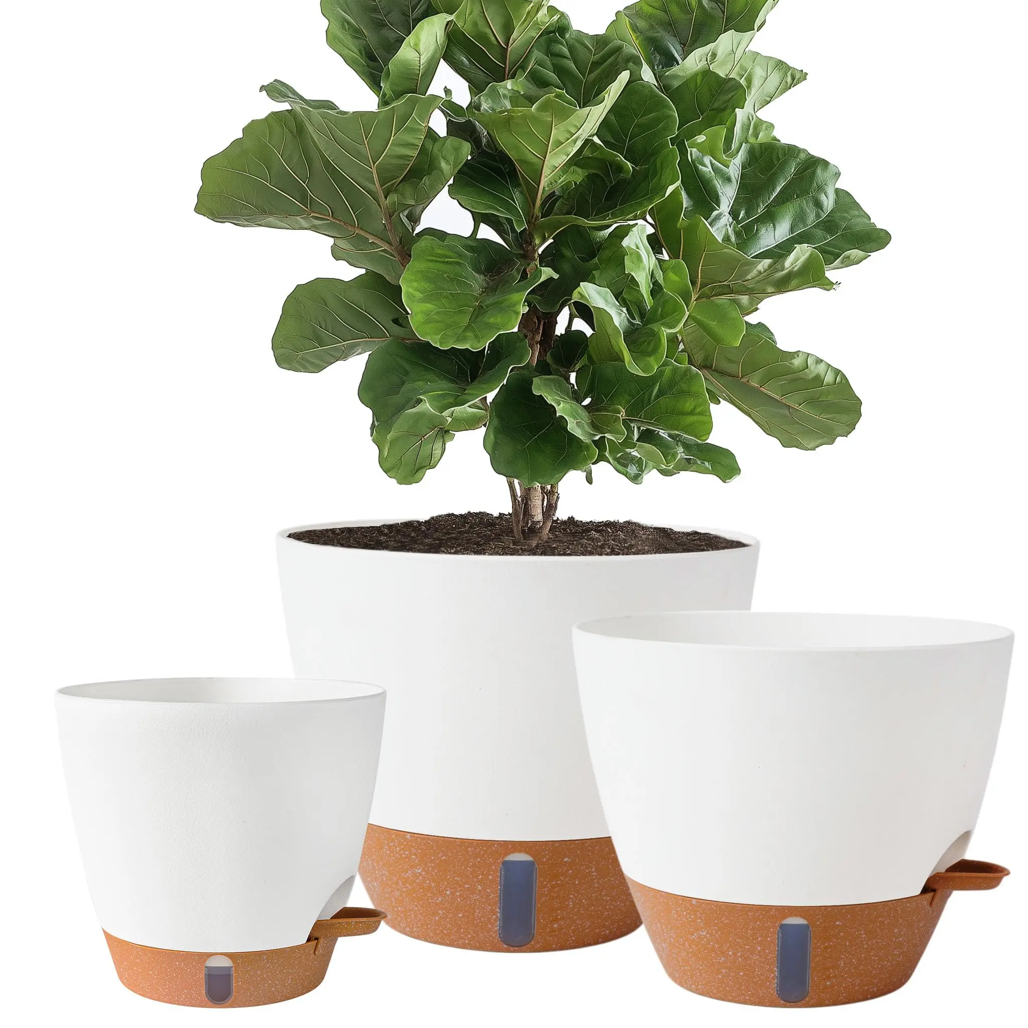 3 Pack Portable Flower Pots & Planters, Large Plastic Self-Watering Planters for Indoor & Outdoor Plants with Drainage Holes, Water Level Indicator and Deep Reservoir, Modern Decorative Pots