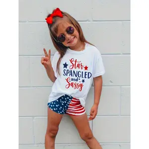 Girls' 4th of July Cotton Top, Patriotic Flag & Stars Print, Soft Breathable Short-Sleeve, Round Neck Loose Fit, Machine Washable Casual Holiday Gift