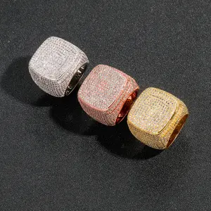 LITTLE ROOM~2025 New Men's Full Diamond Square Ring Exaggerated Three Dimensional Micro Inlaid 5A Zircon Hip Hop Ring