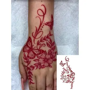 1pc Washable Temporary Tattoo Sheet, Red Butterfly & Floral Ink Painting Design, Suitable For Daily Use