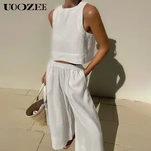 Solid Color Elasticity Wide Leg Sleeveless Round-Neck Two Pieces Set Pants Set