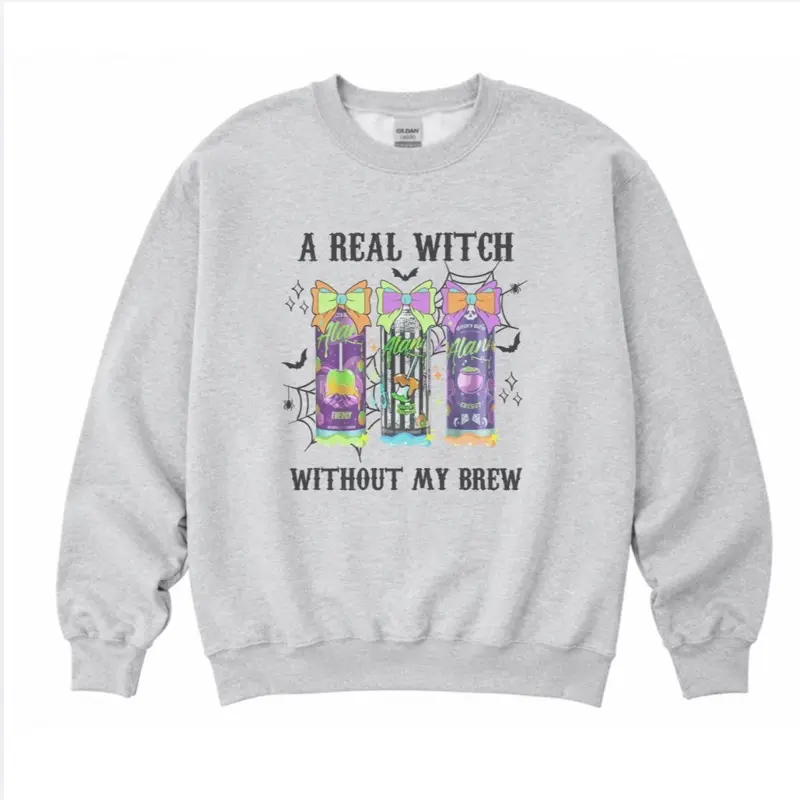 A Real Witch Without My Brew Sweatshirt - Ash Grey - Sublimation - Spooky - Unisex Jersey Sweatshirt