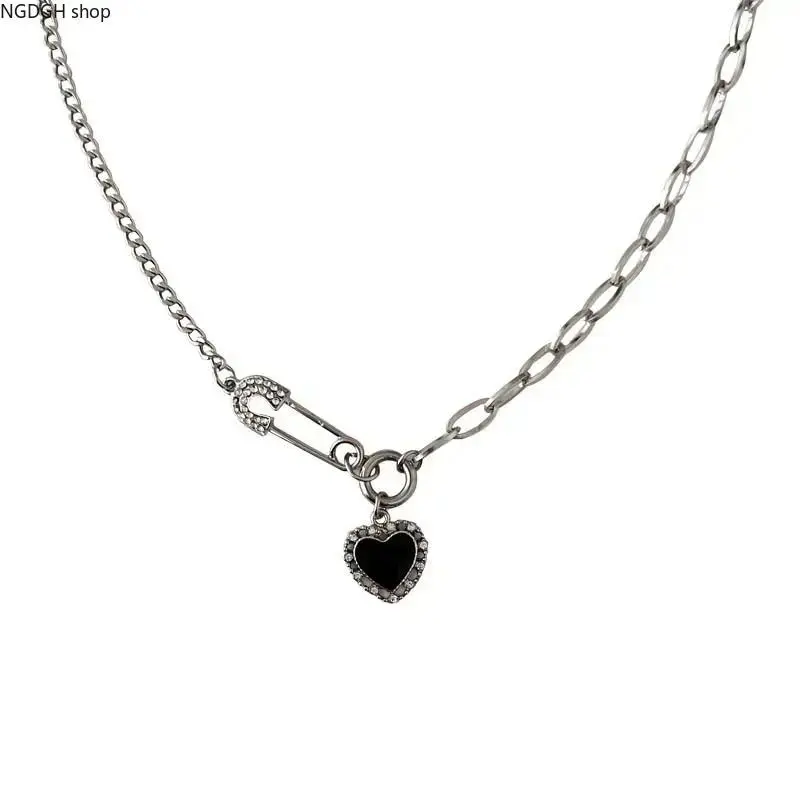 Edgy Charms Necklace, Silver-Tone Link Chain with Black Heart & Safety Pin Charm, Casual Layering Accessories for Women, Chain & Link, Daily