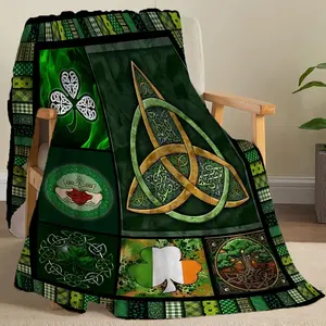 St. Patrick's Day Soft Flannel Fleece Blanket Celtic Design Throw with Triquetra and Clover Pattern, for Sofa Bedroom Dorm Couch Office Car Travel Home Gift Idea