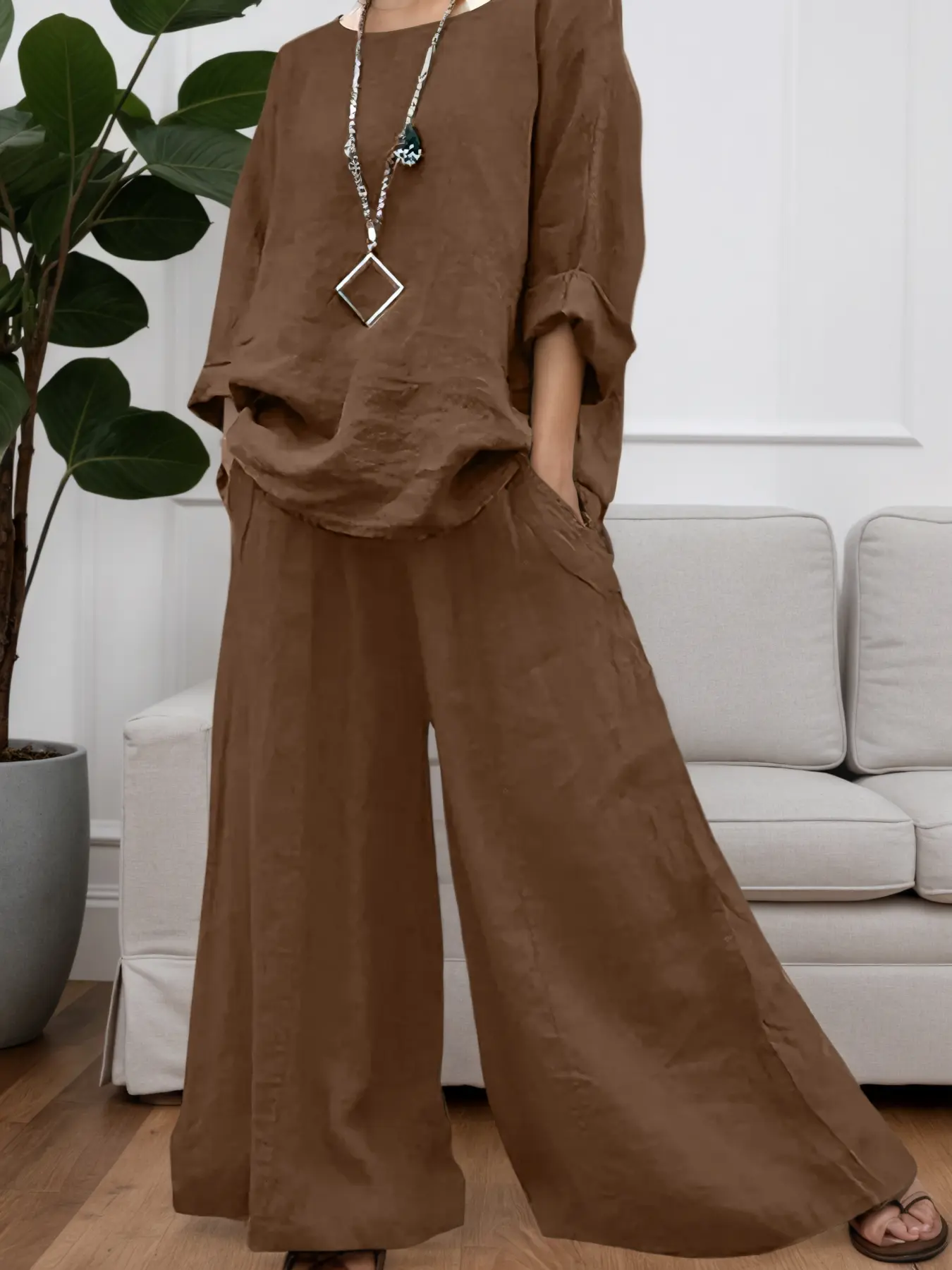 Women's Solid Color Top & Wide Leg Pants Two-piece Set, Matching Clothing Set, Vintage Set, Casual Style Set, Casual Long Sleeve Top & Trousers for Daily Wear, Ladies Two-piece Outfits for All Seasons
