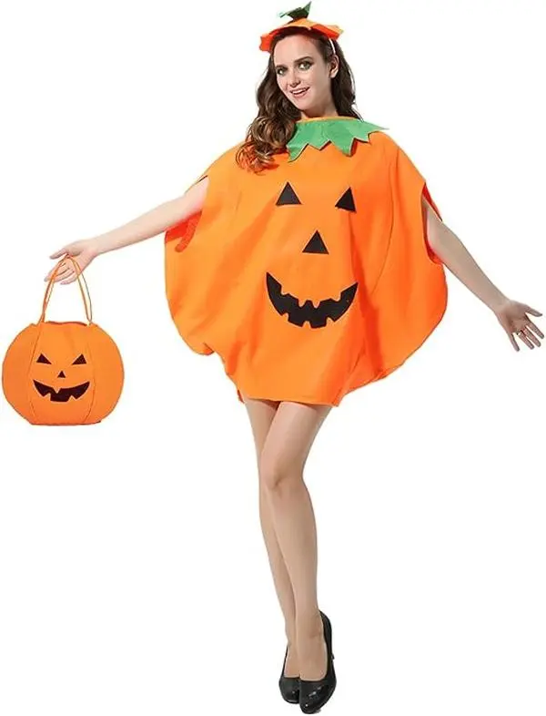 3PCS Halloween Unisex Pumpkin Cosplay Party Clothes With A Hat,A Bag Size: 4'7" - 5'3"
