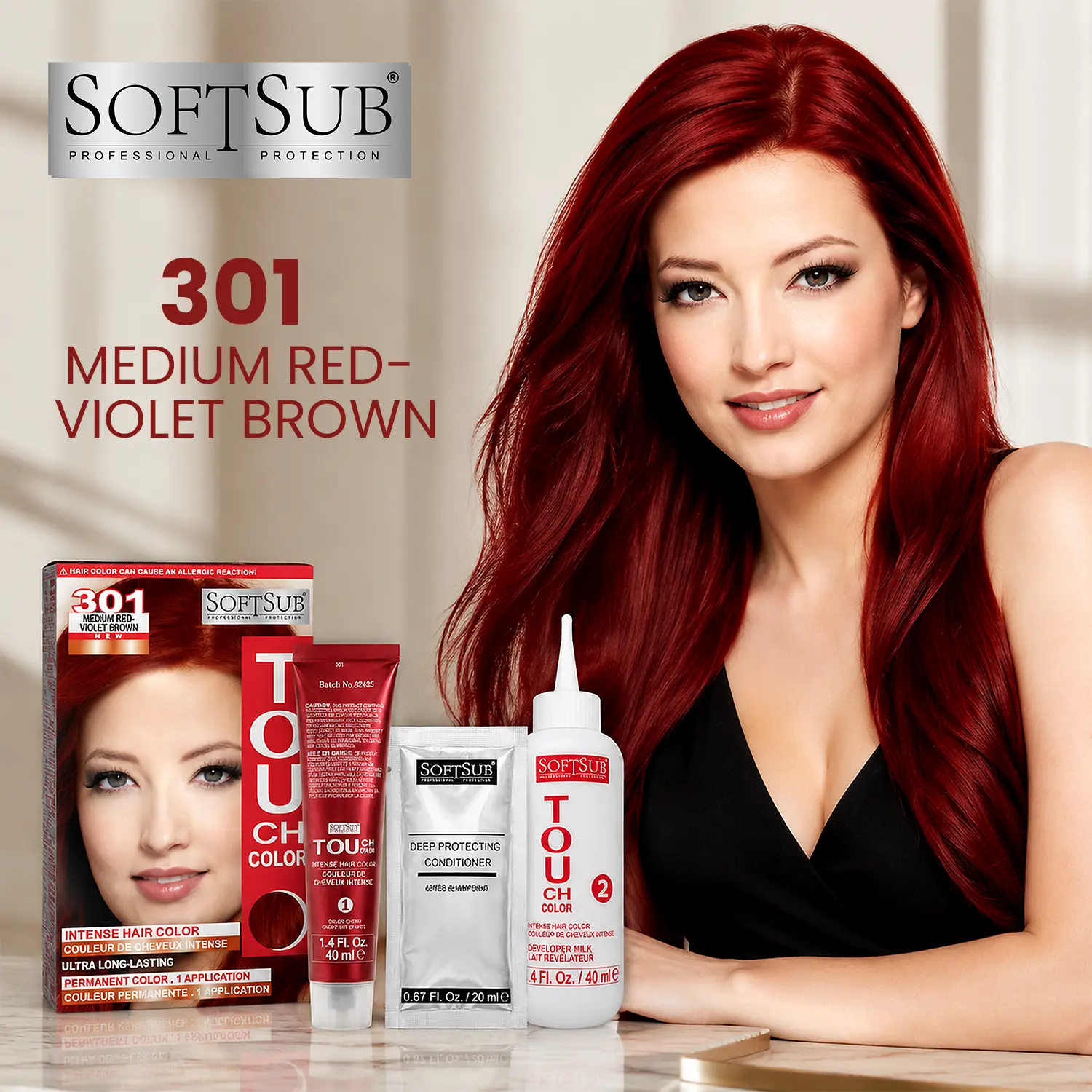 TOUCH COLOR 301 Medium Red Violet Brown Permanent Hair Color Kit, Rich Multi Dimensional Gray Coverage and Root Touch Up, Full Head Cream Dye with Developer Conditioner and Gloves, 100 mL, 1 Application
