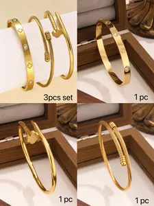 1/3pcs New Fashion High Quality Stainless Steel Flower Zirconia Women's Non Tarnish Bangle Bracelet Jewelry Set, Stackable Bracelets, Suitable For Daily Wear, Elegant Minimalist Cuff Bangle