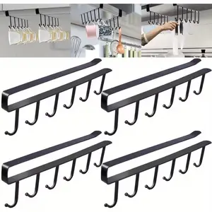 4-Piece No-Drill Cabinet Cup Holder Set, Easy Install Cast Iron Mug Rack with 6 Hooks, Painted Kitchen Storage Box