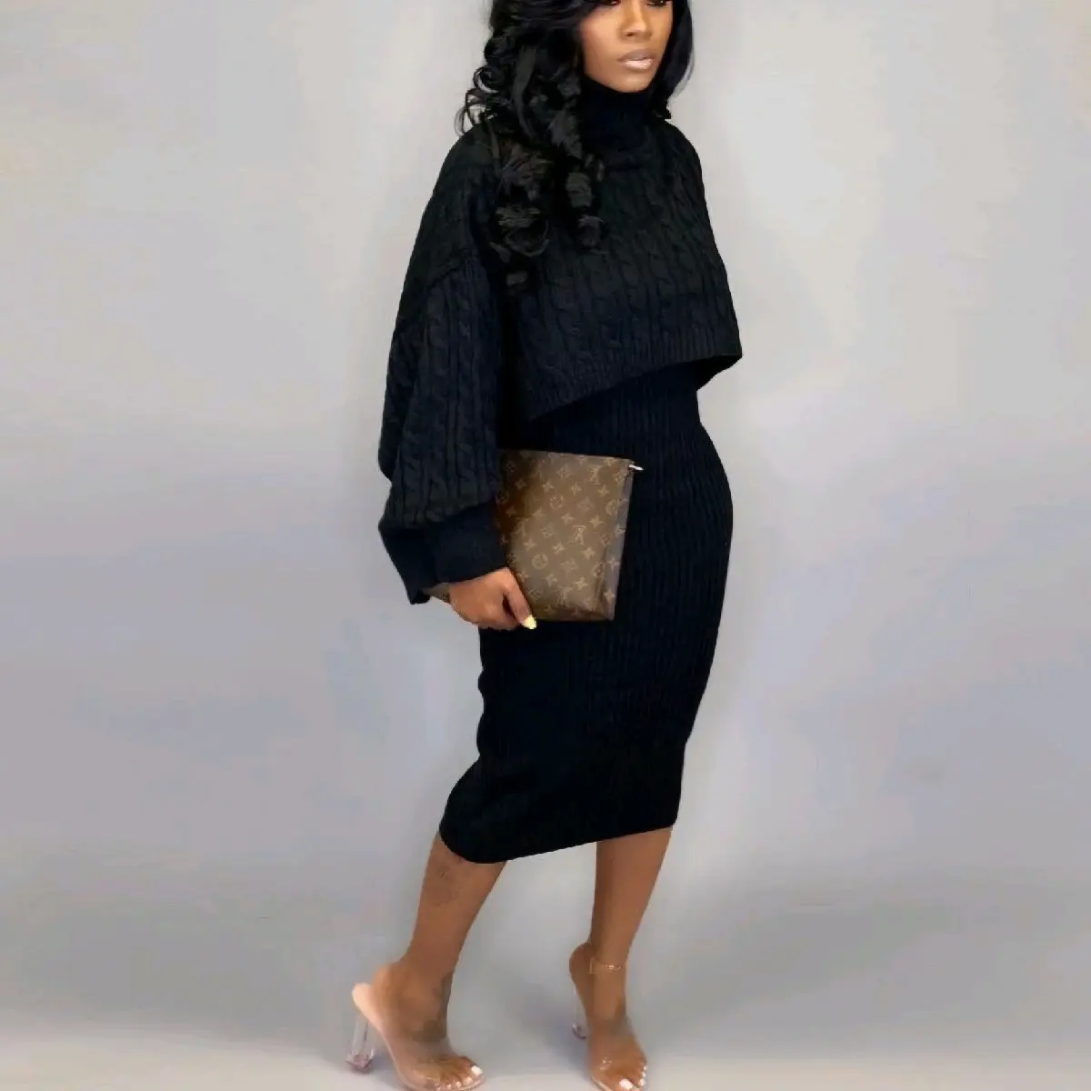 Knitted Turtleneck Sweater Two Piece Set Dress