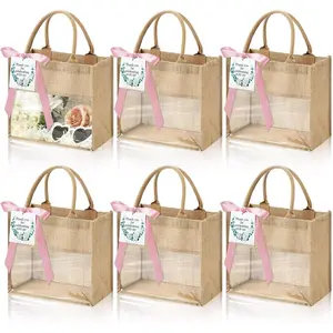 6 Pack Wedding Burlap Tote Bachelorette  Bags with Clear Window and Ribbon for Bridesmaid Beach Shower Party()