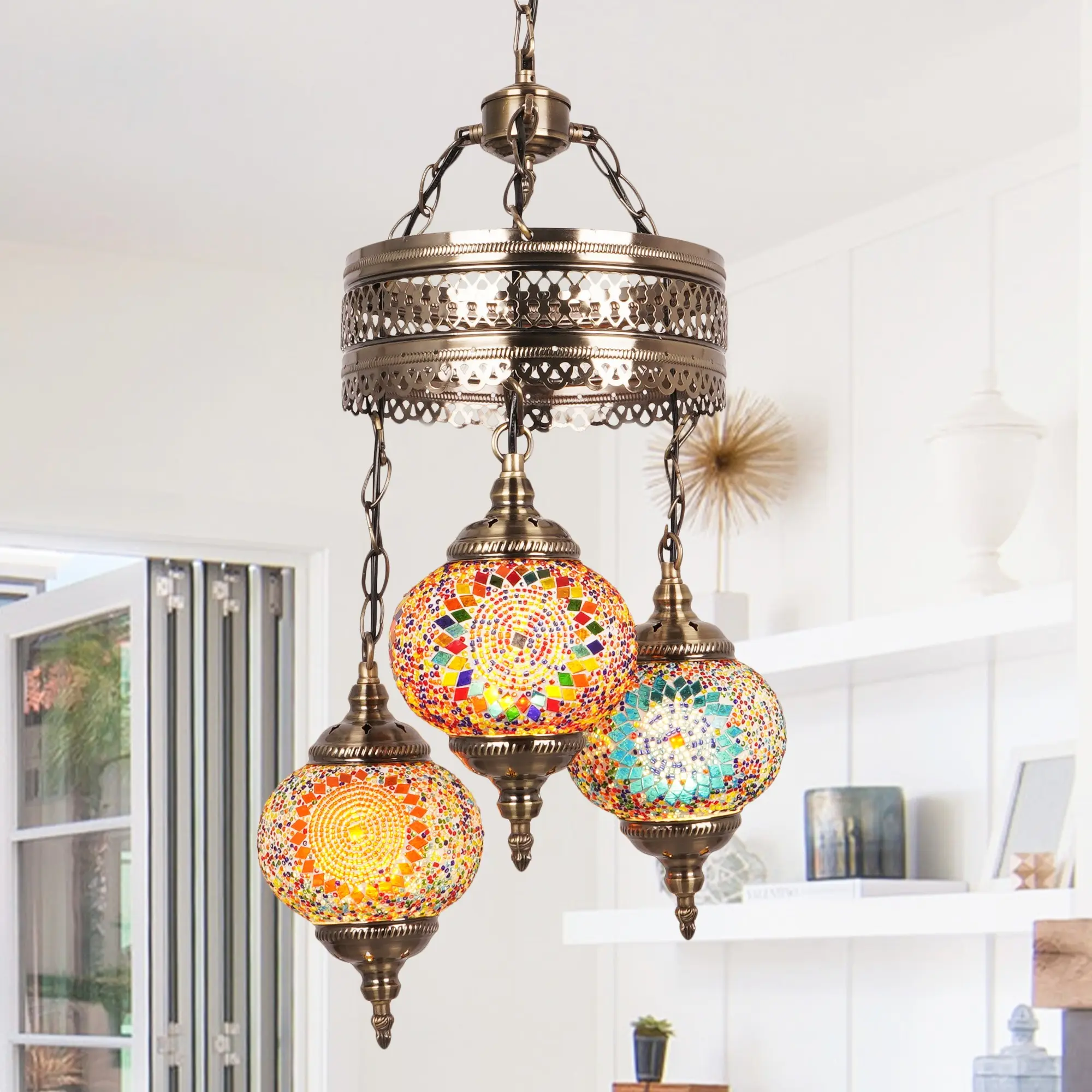14 Inch Turkish Mosaic 3-Light Chandelier Antique Bronze Wrought Iron Frame Handcrafted Colorful Glass Shades E26 Base 3 Warm Bulbs Included Adjustable Hanging Chain Bohemian Moroccan Pendant Light for Dining Room Living Room Bedroom Foyer