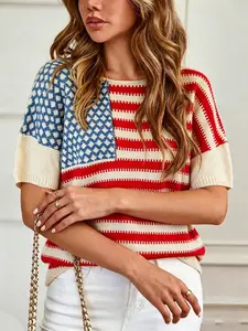 Women's Elegant American Flag Print Short Sleeve Knit Top, Summer Casual Vacation Daily Wear Round Neck Soft Knitted Shirt