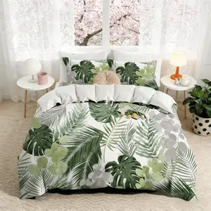 Palm Leaf Single Bedding Set for Kids and Adults, Tropical Style Bed Sheets, Decorative Bedsheet Sets, Comfy bedding set, 3 Piece Set Includes 1 Fitted Sheet and 2 Pillowcases, Bedroom Bedding Set