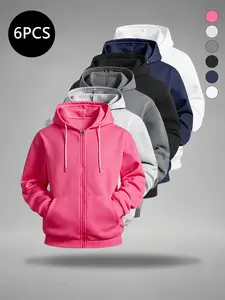 6-Pack Men’s Solid Color Zip-Up Hooded Sweatshirt for Spring/Fall, American Loose Fit Cardigan Style, Trendy Sporty Casual Outerwear