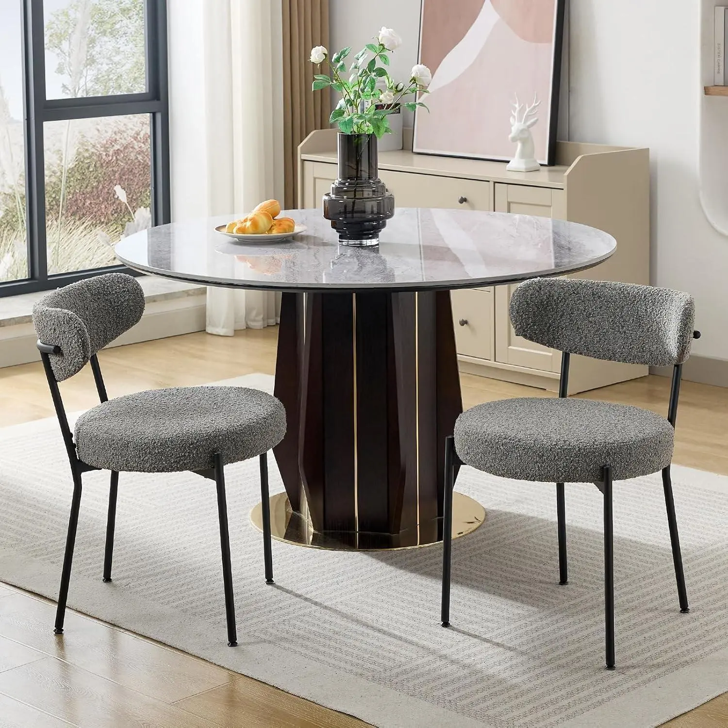 GARVEE Gray Boucle Dining Chairs Set of 2, Round Upholstered Dining Chairs with Curved Backrest and Black Metal Legs, Mid-Century Modern Dining Room Chairs for Kitchen, Living Room