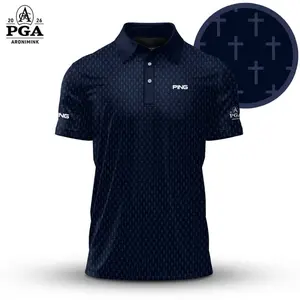 Blue Cross 2026 PGA Inspired Pattern Men Polo Shirt Classic Golf Style Casual Outfit Tee
