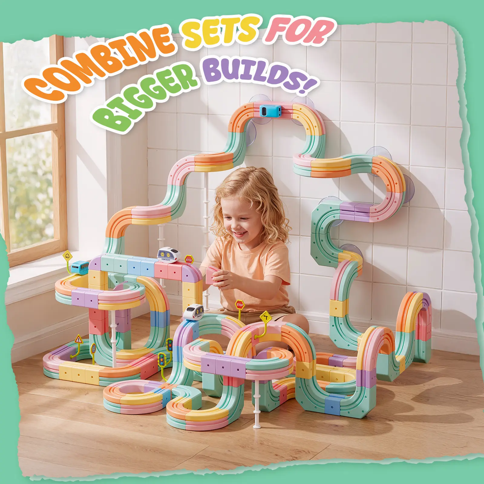 93PCS 3D Train Track Set with 2 Cars, Light-Up Modular Track Blocks, Climbing Train Set Toy Gift for Kids Ages 3-8+
